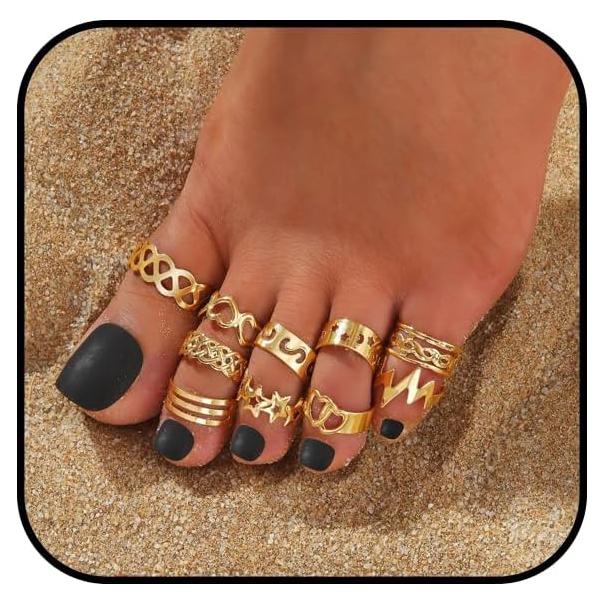 Conjunto 10 Anillos de Dedo Oro Ajustables para Mujeres