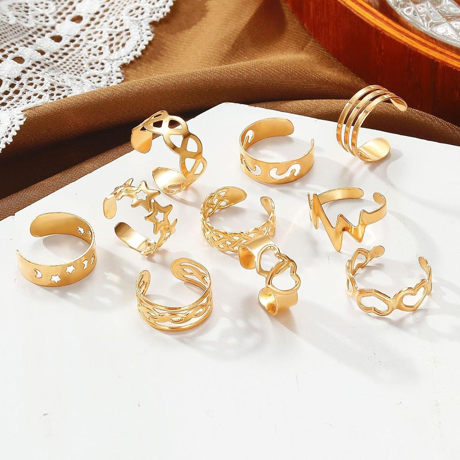 Conjunto 10 Anillos de Dedo Oro Ajustables para Mujeres