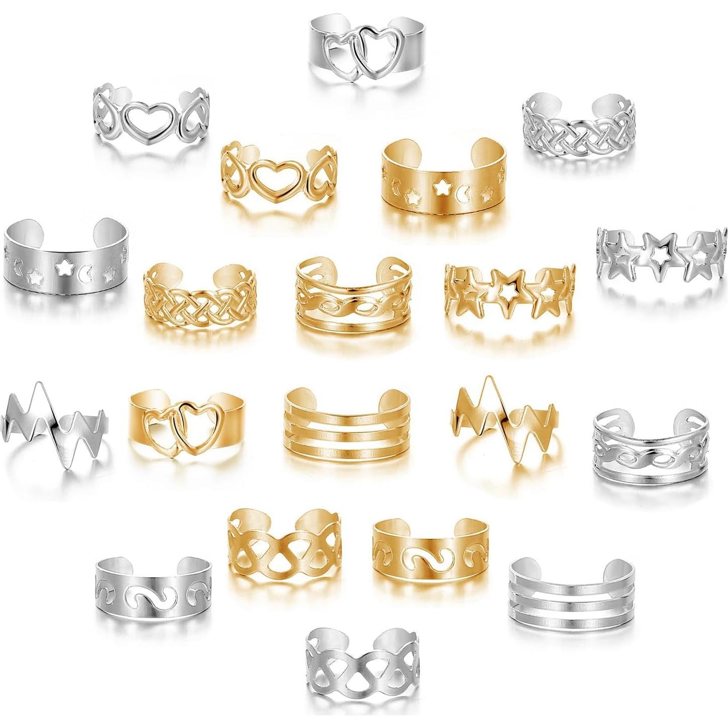 Conjunto 10 Anillos de Dedo Oro Ajustables para Mujeres