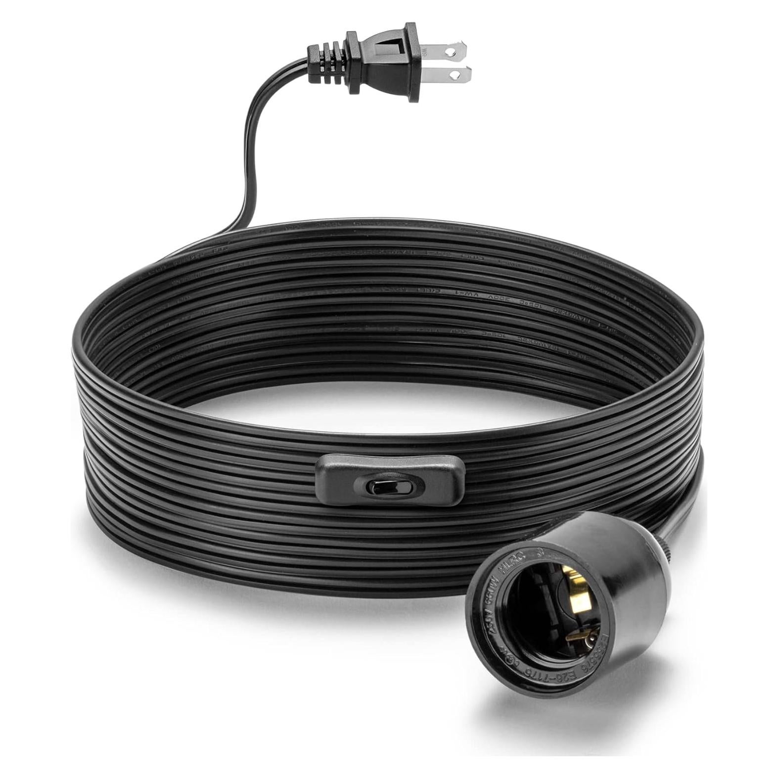 Cable de luz colgante 3.6 m E26 con interruptor y enchufe - Negro