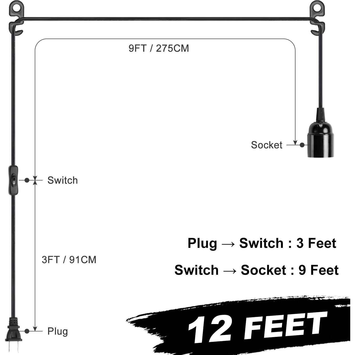 Cable de luz colgante 3.6 m E26 con interruptor y enchufe - Negro