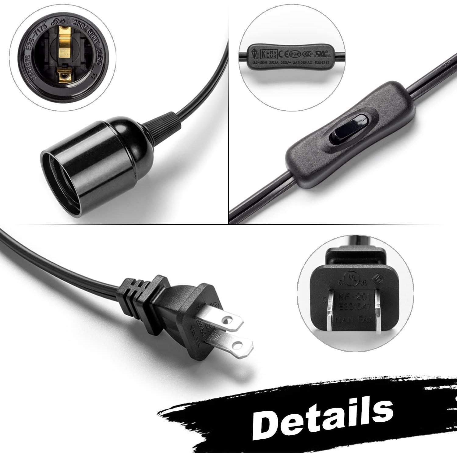 Cable de luz colgante 3.6 m E26 con interruptor y enchufe - Negro