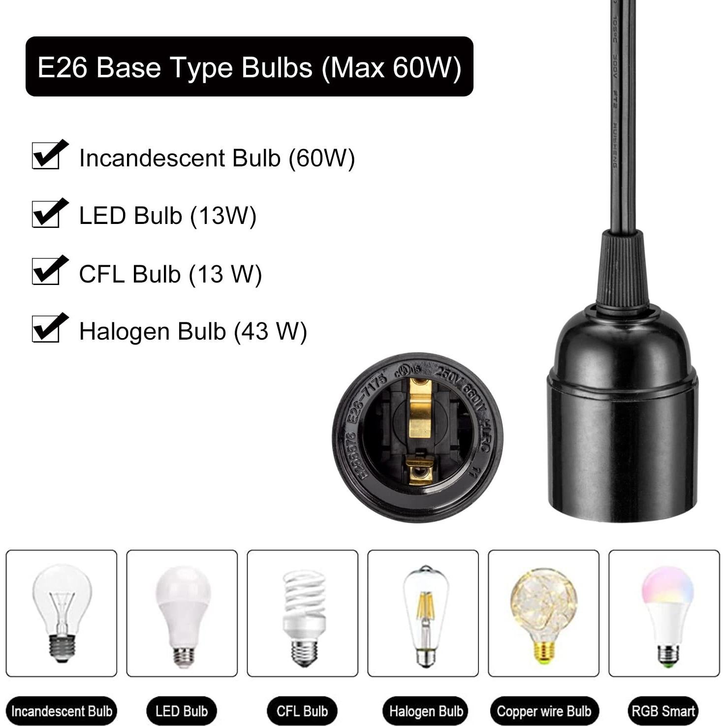 Cable de luz colgante 3.6 m E26 con interruptor y enchufe - Negro