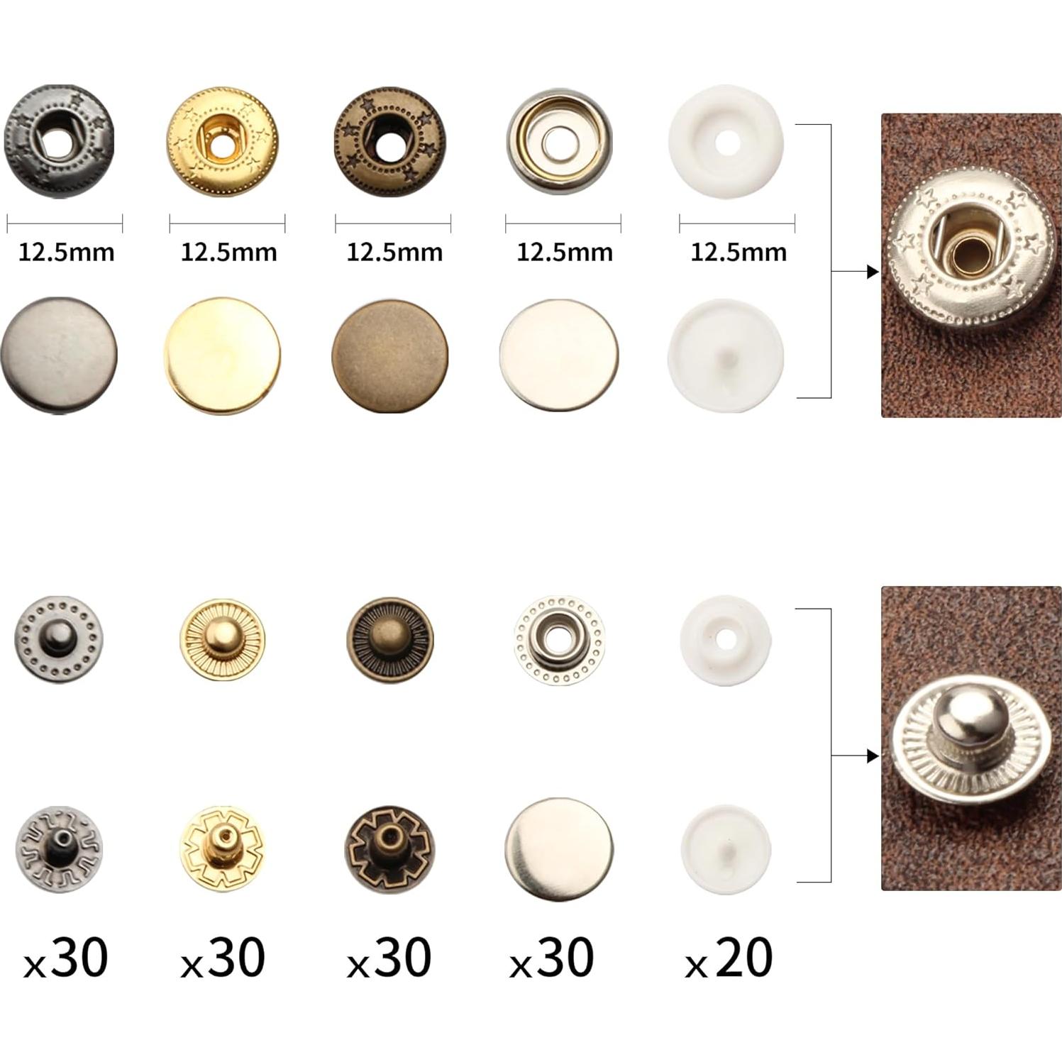 Kit de Broches a Presión YUSBUTON 140 Sets 12.5mm Metal y Plástico