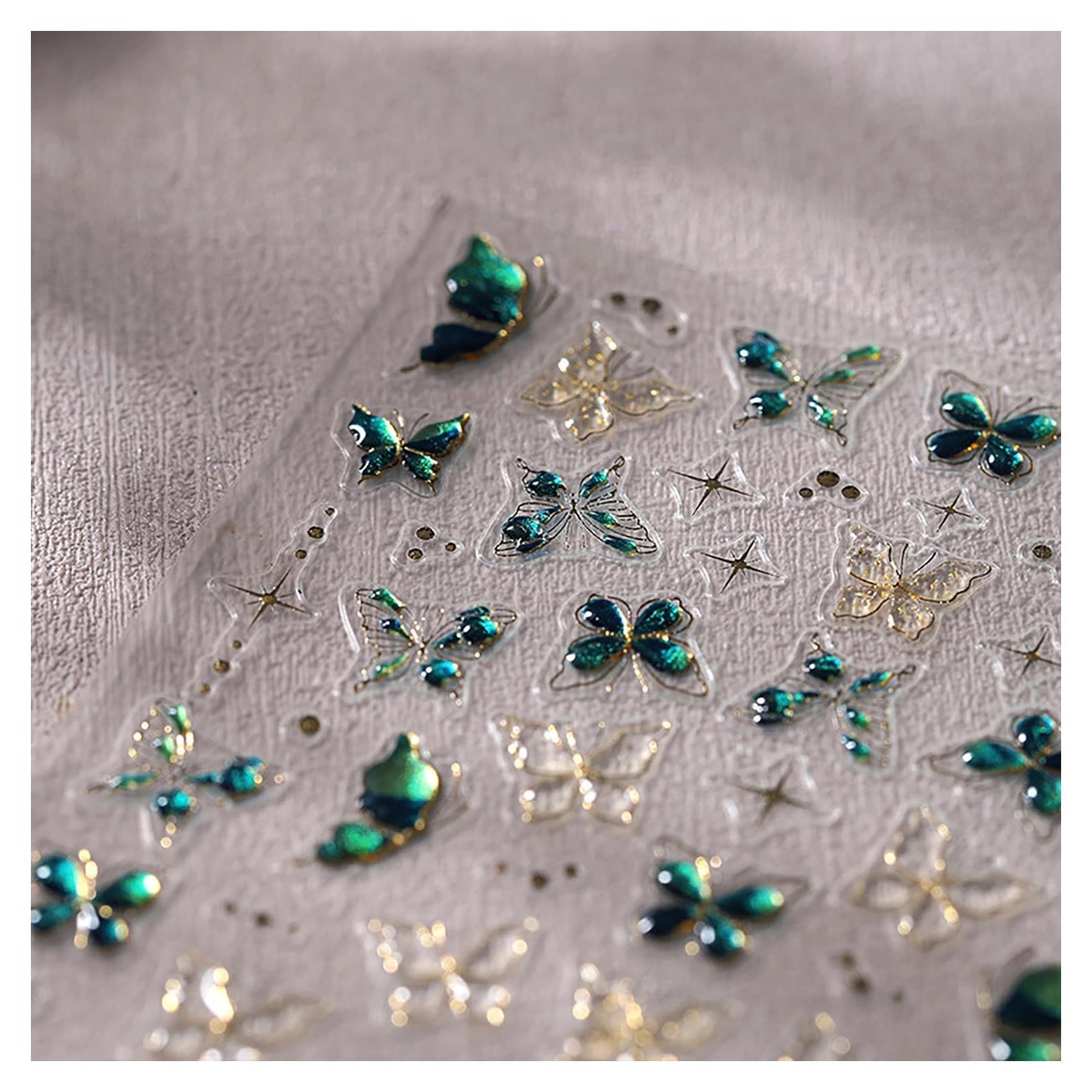 1 Sheets Green Embossed Butterfly Nail Decals for Nail Art Shiny Gold Butterfly Nail Stickers 5D Self-Adhesive Star Nail Decoration Spring Summer Nail Art Stickers for Women Girls Nail Design