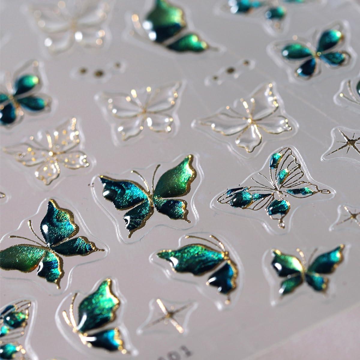 1 Sheets Green Embossed Butterfly Nail Decals for Nail Art Shiny Gold Butterfly Nail Stickers 5D Self-Adhesive Star Nail Decoration Spring Summer Nail Art Stickers for Women Girls Nail Design