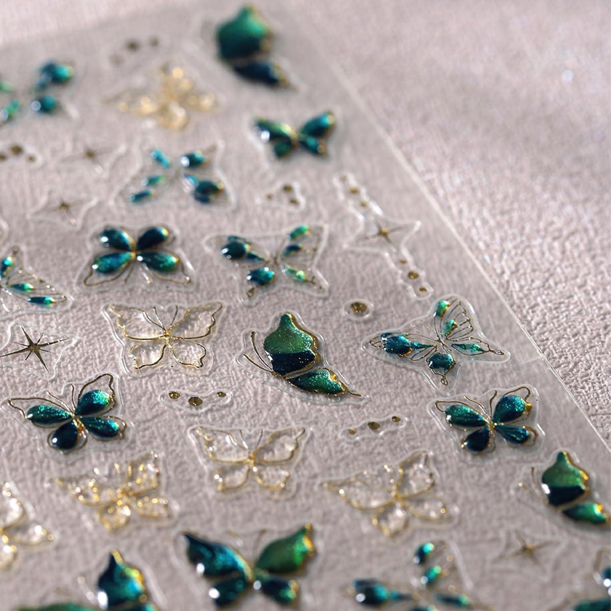 1 Sheets Green Embossed Butterfly Nail Decals for Nail Art Shiny Gold Butterfly Nail Stickers 5D Self-Adhesive Star Nail Decoration Spring Summer Nail Art Stickers for Women Girls Nail Design