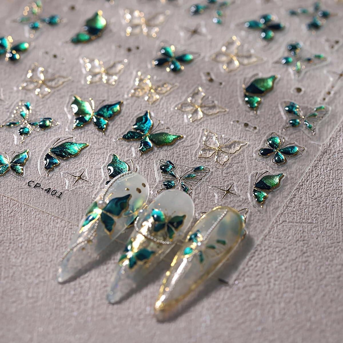 1 Sheets Green Embossed Butterfly Nail Decals for Nail Art Shiny Gold Butterfly Nail Stickers 5D Self-Adhesive Star Nail Decoration Spring Summer Nail Art Stickers for Women Girls Nail Design