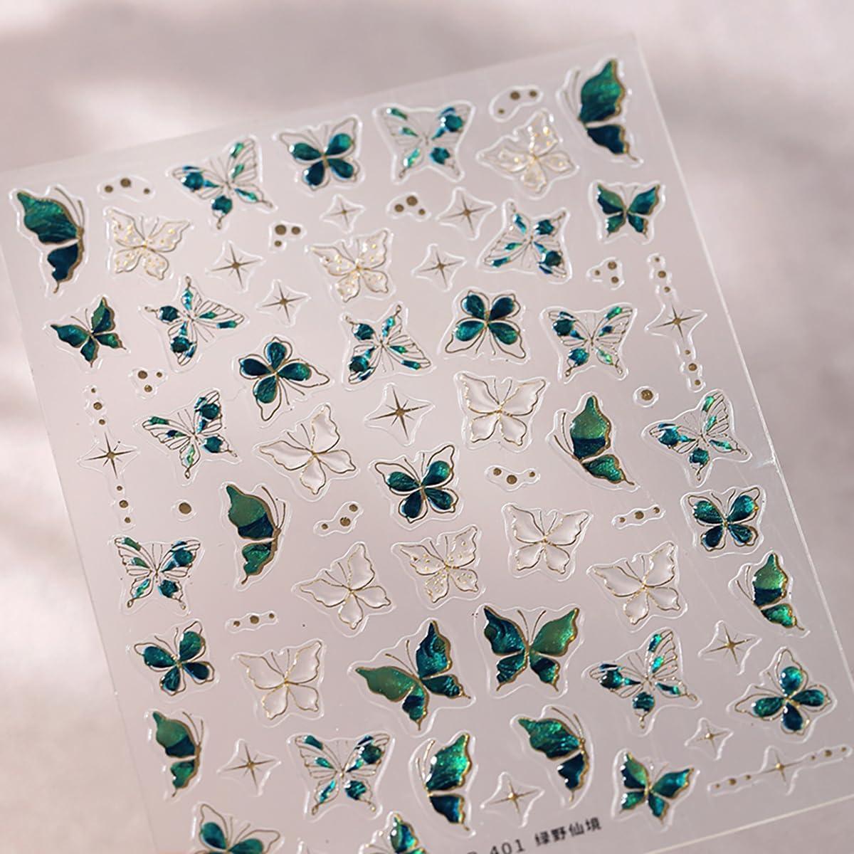 1 Sheets Green Embossed Butterfly Nail Decals for Nail Art Shiny Gold Butterfly Nail Stickers 5D Self-Adhesive Star Nail Decoration Spring Summer Nail Art Stickers for Women Girls Nail Design