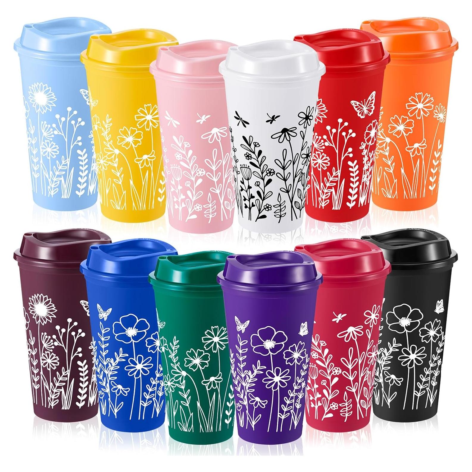 Skylety 12 Tazas de Café Reutilizables Florales 480 ml con Tapas