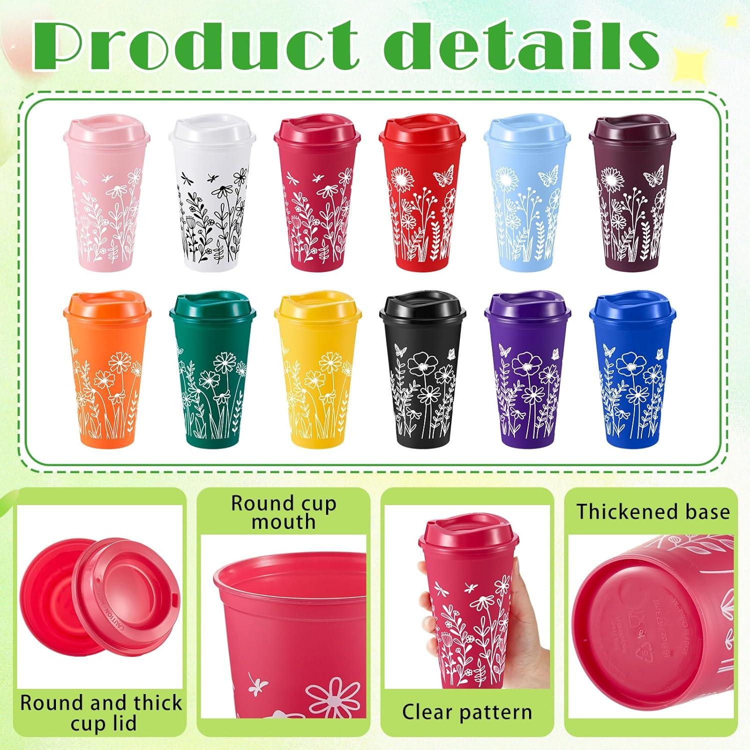 Skylety 12 Tazas de Café Reutilizables Florales 480 ml con Tapas