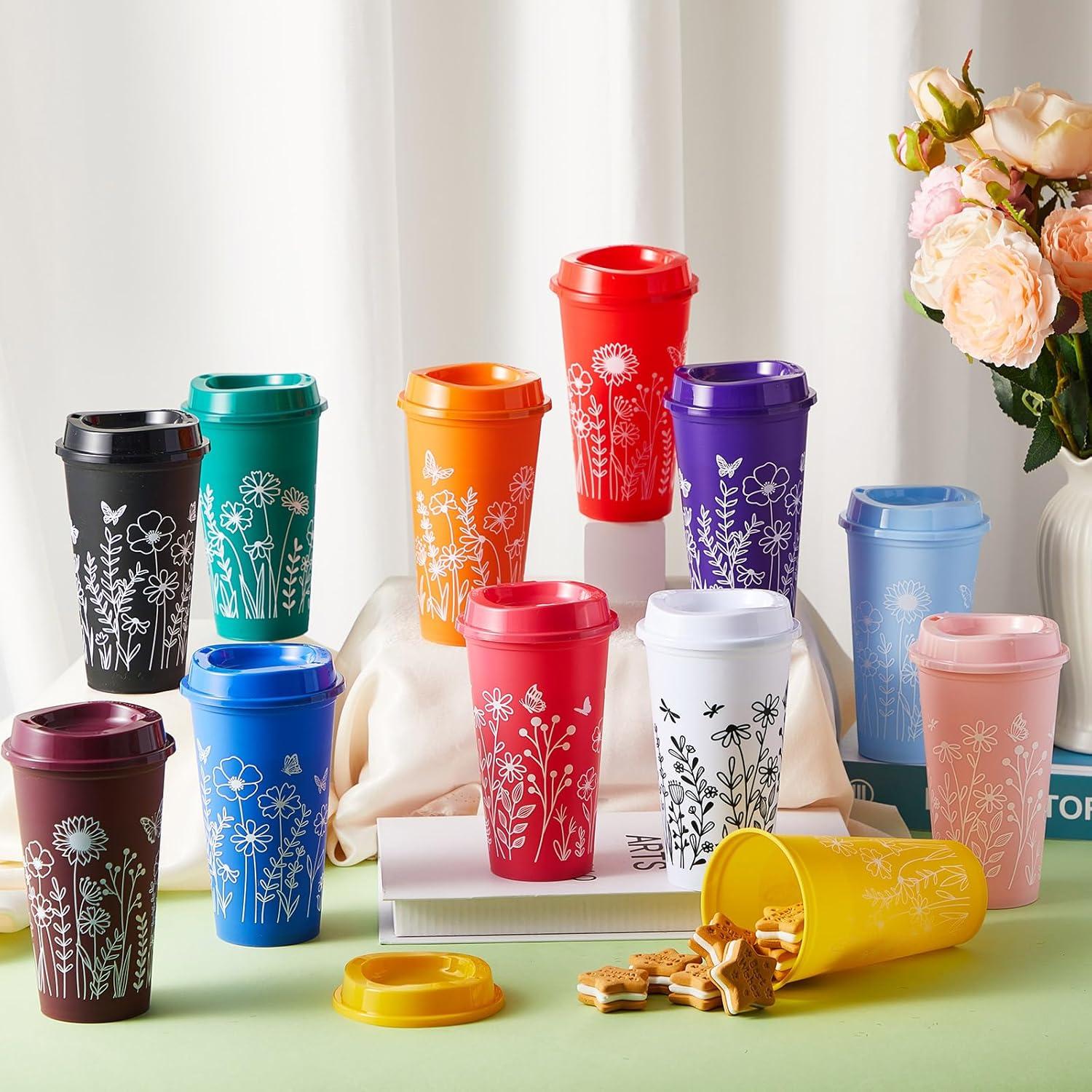 Skylety 12 Tazas de Café Reutilizables Florales 480 ml con Tapas