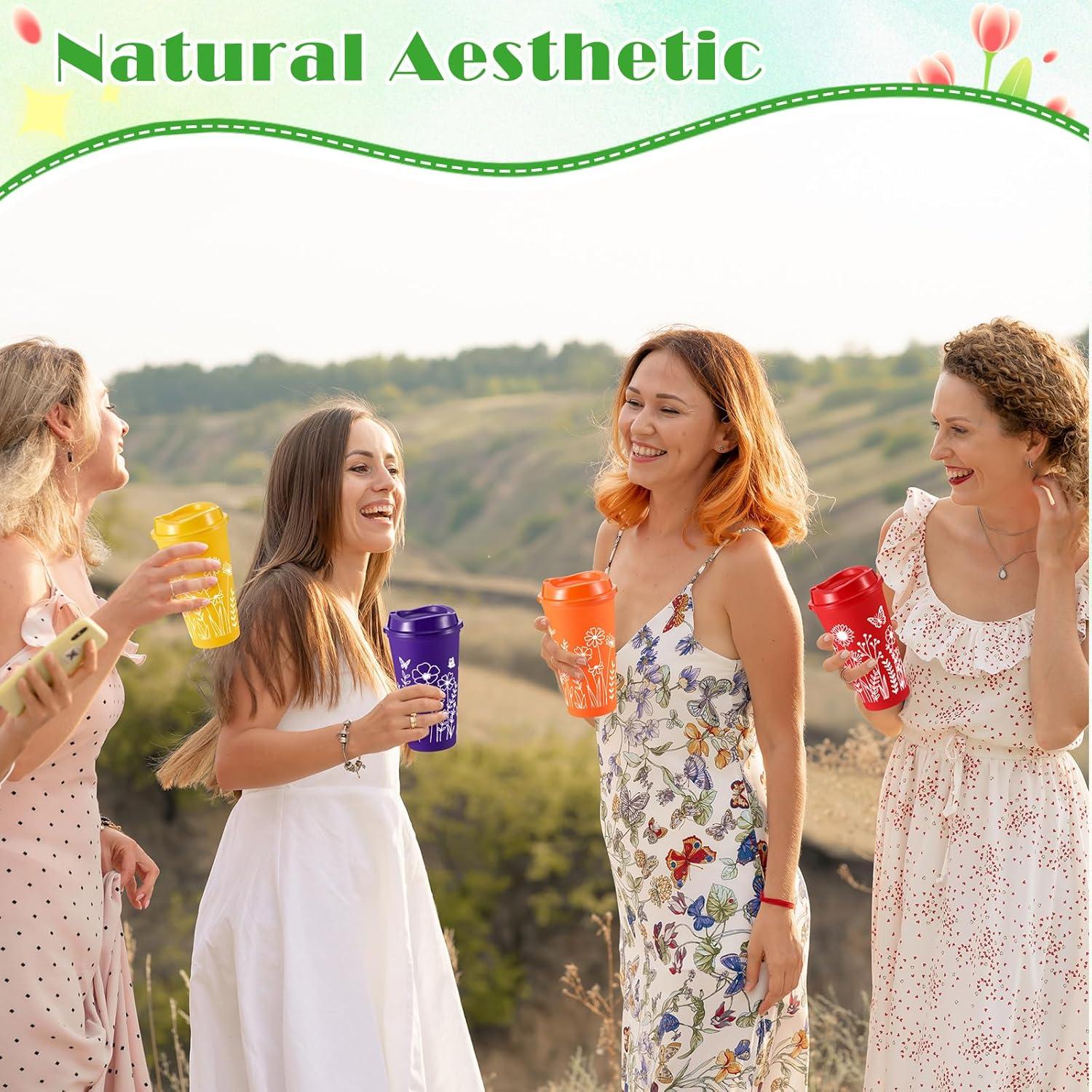 Skylety 12 Tazas de Café Reutilizables Florales 480 ml con Tapas