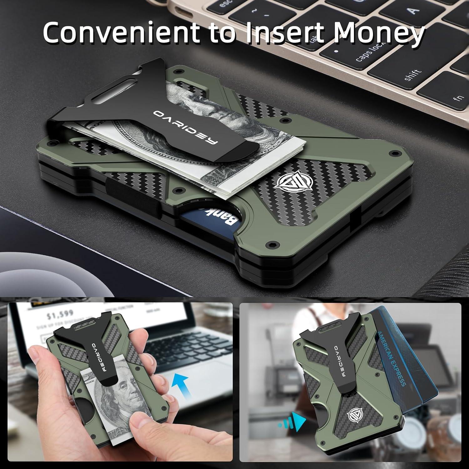 Billetera Minimalista Oaridey Verde Militar con Clip y Bloqueo RFID