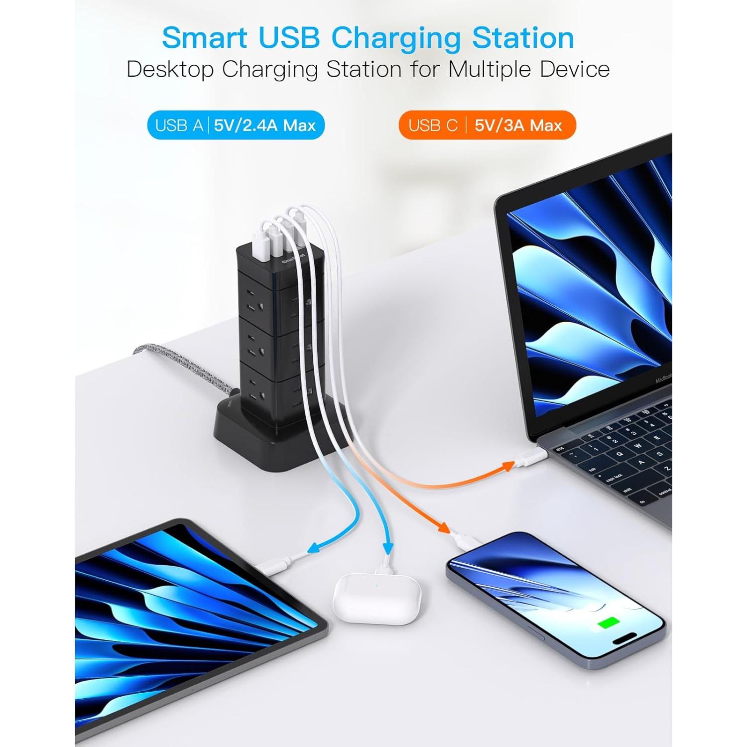 Regleta de Sobretensión One Beat 1.83m 12 Salidas 4 USB Carga Rápida