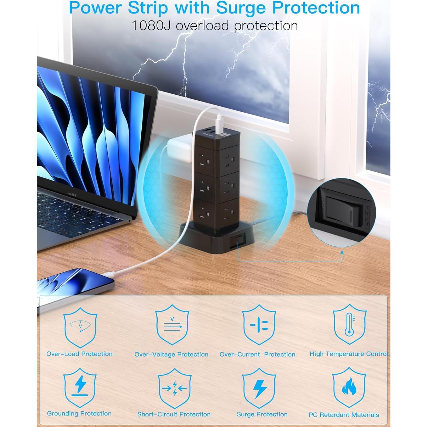 Regleta de Sobretensión One Beat 1.83m 12 Salidas 4 USB Carga Rápida