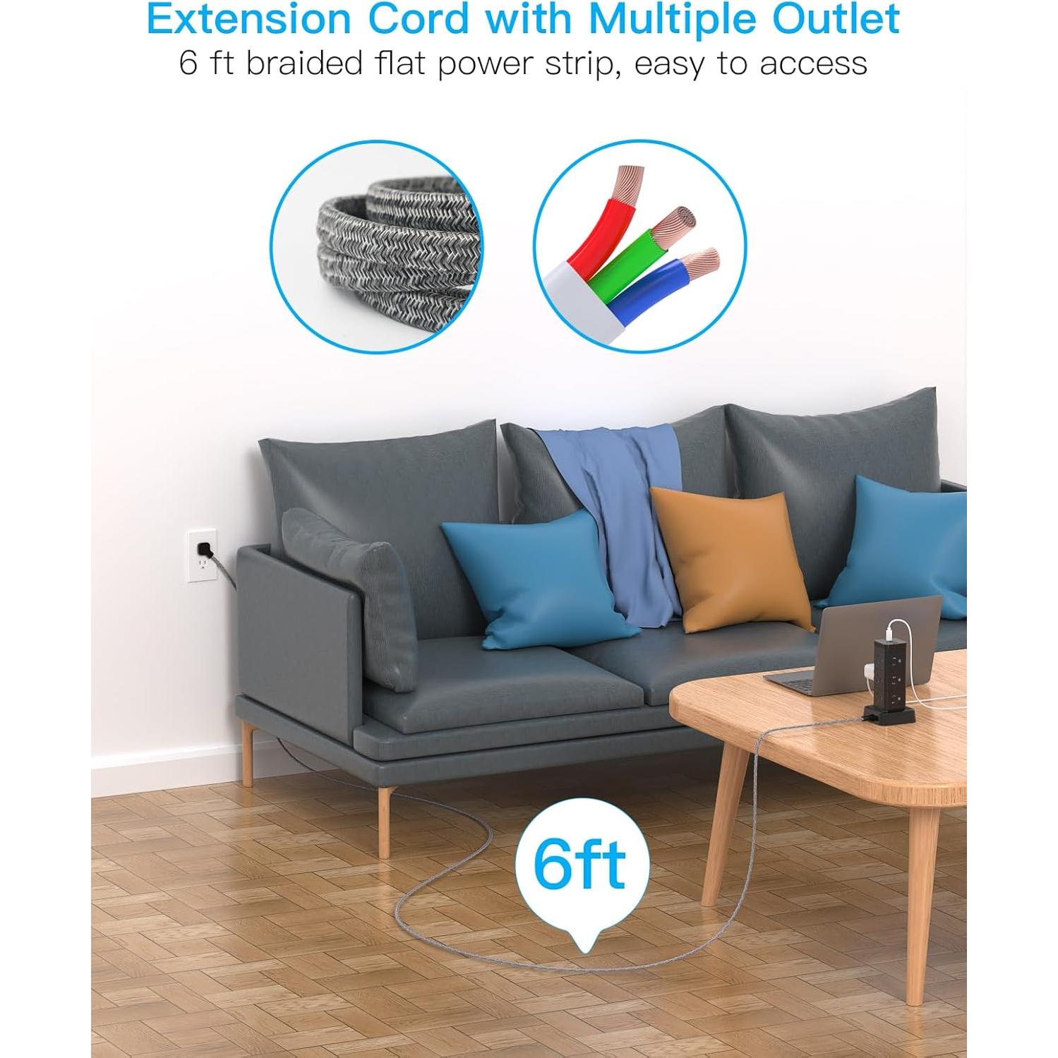 Regleta de Sobretensión One Beat 1.83m 12 Salidas 4 USB Carga Rápida