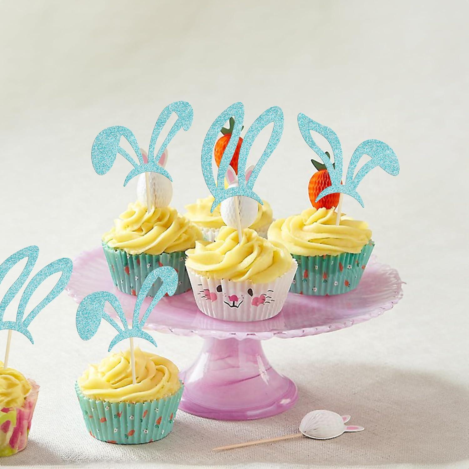 Adornos de Cupcake de Orejas de Conejo Ephlyn - 24 Pcs Azul