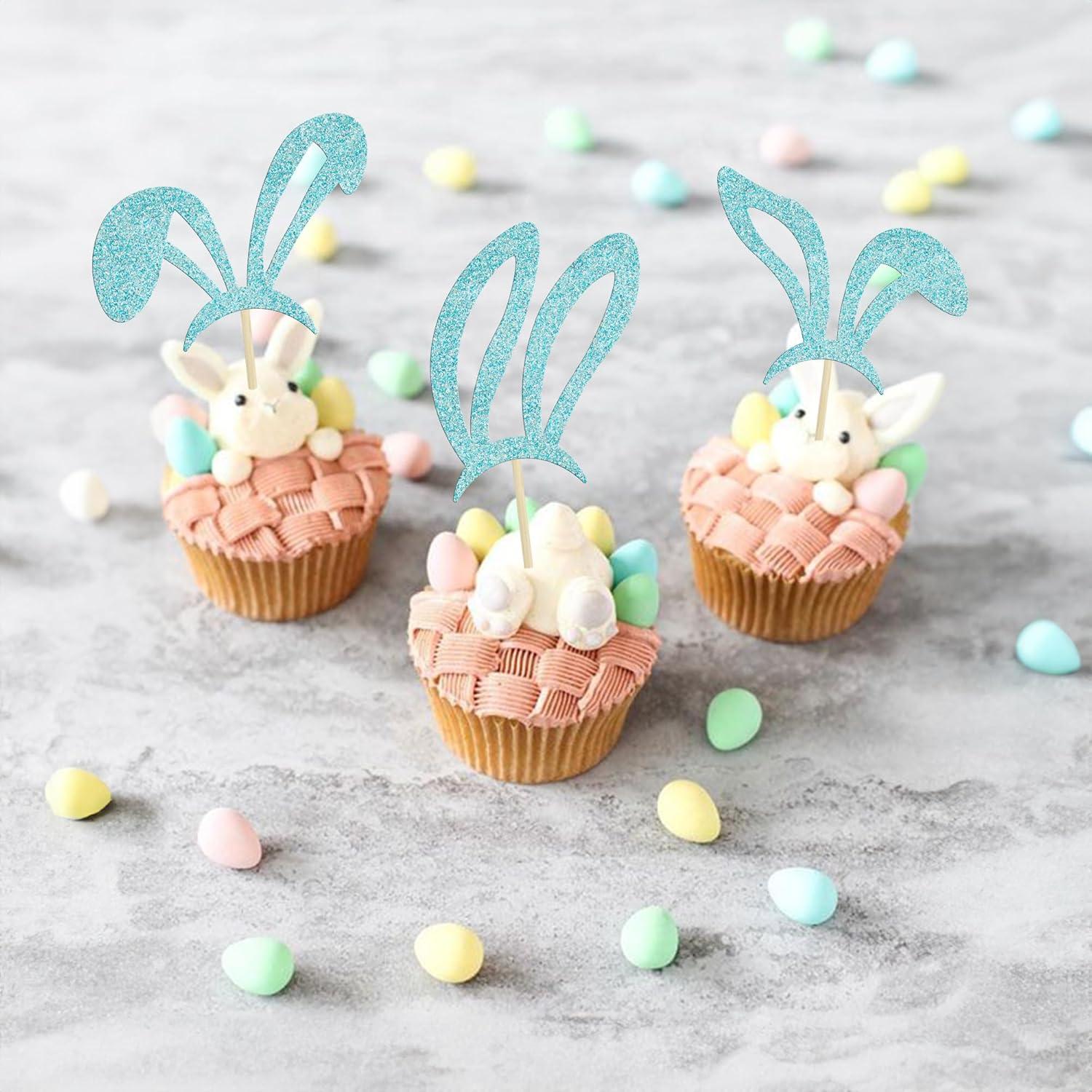 Adornos de Cupcake de Orejas de Conejo Ephlyn - 24 Pcs Azul