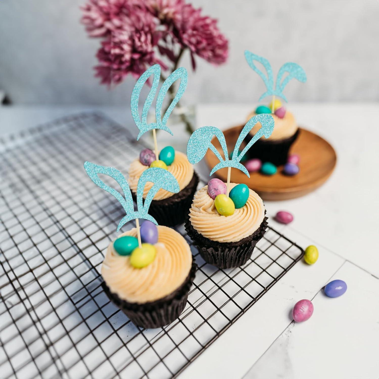 Adornos de Cupcake de Orejas de Conejo Ephlyn - 24 Pcs Azul