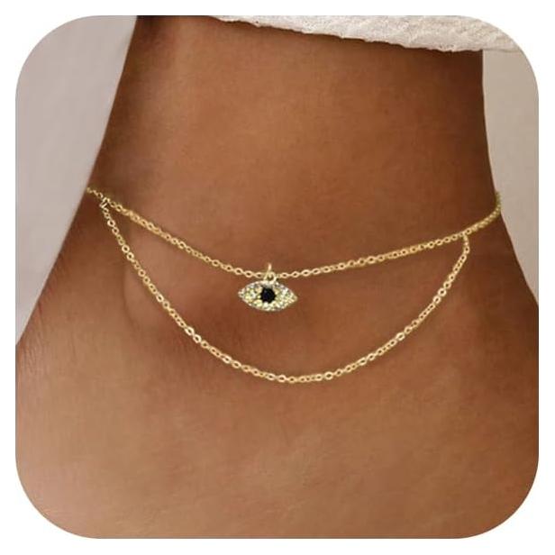 Pulsera de Tobillo NIXMAX Oro 14K Ojo Maligno Ajustable 21cm