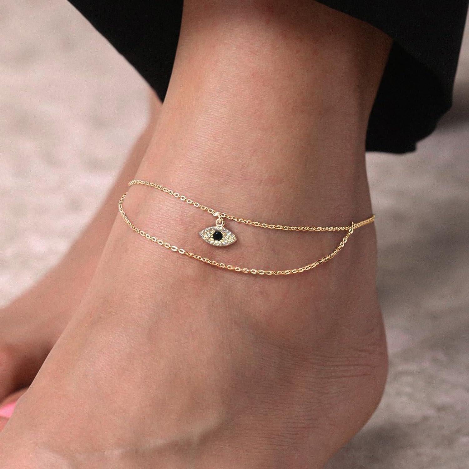 Pulsera de Tobillo NIXMAX Oro 14K Ojo Maligno Ajustable 21cm