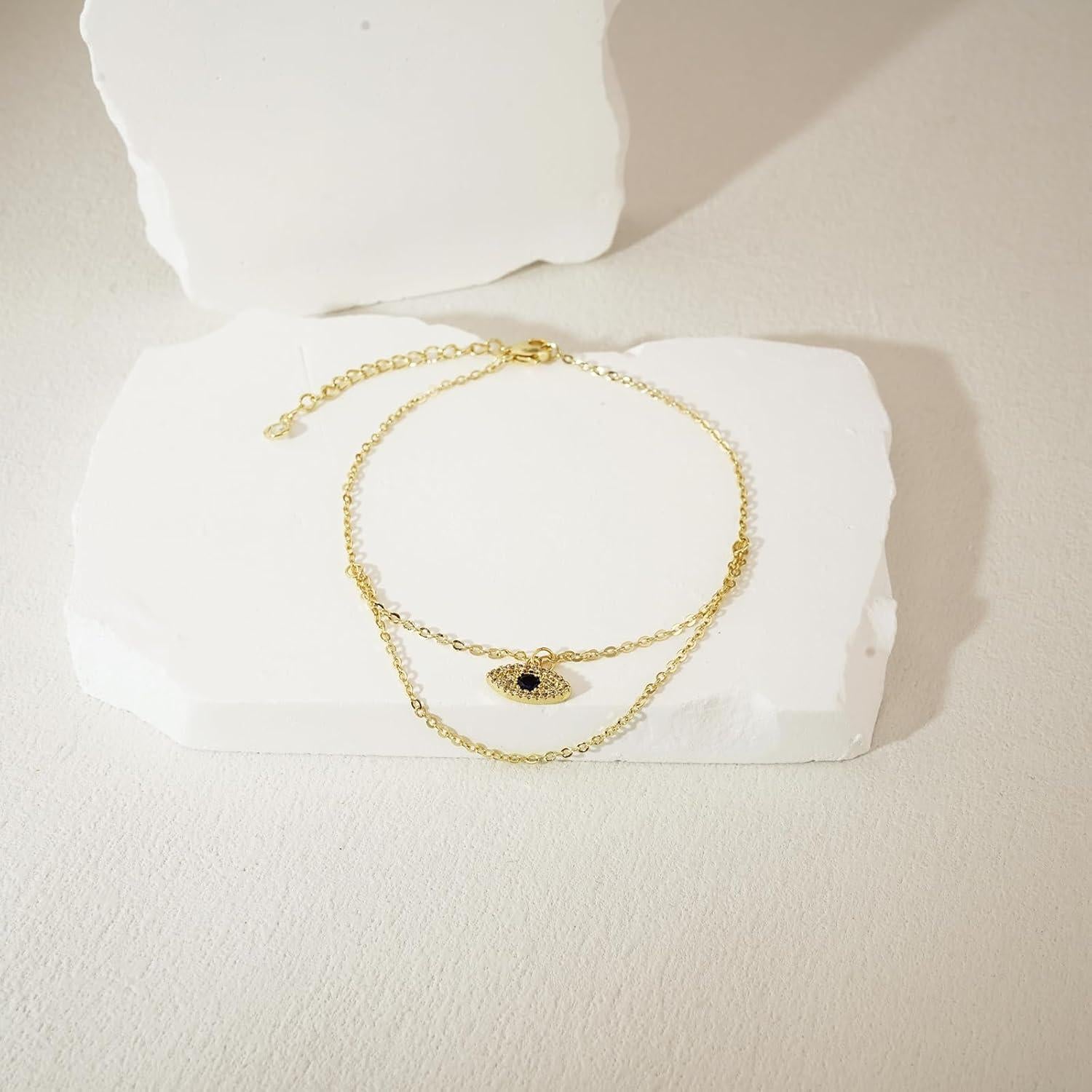 Pulsera de Tobillo NIXMAX Oro 14K Ojo Maligno Ajustable 21cm