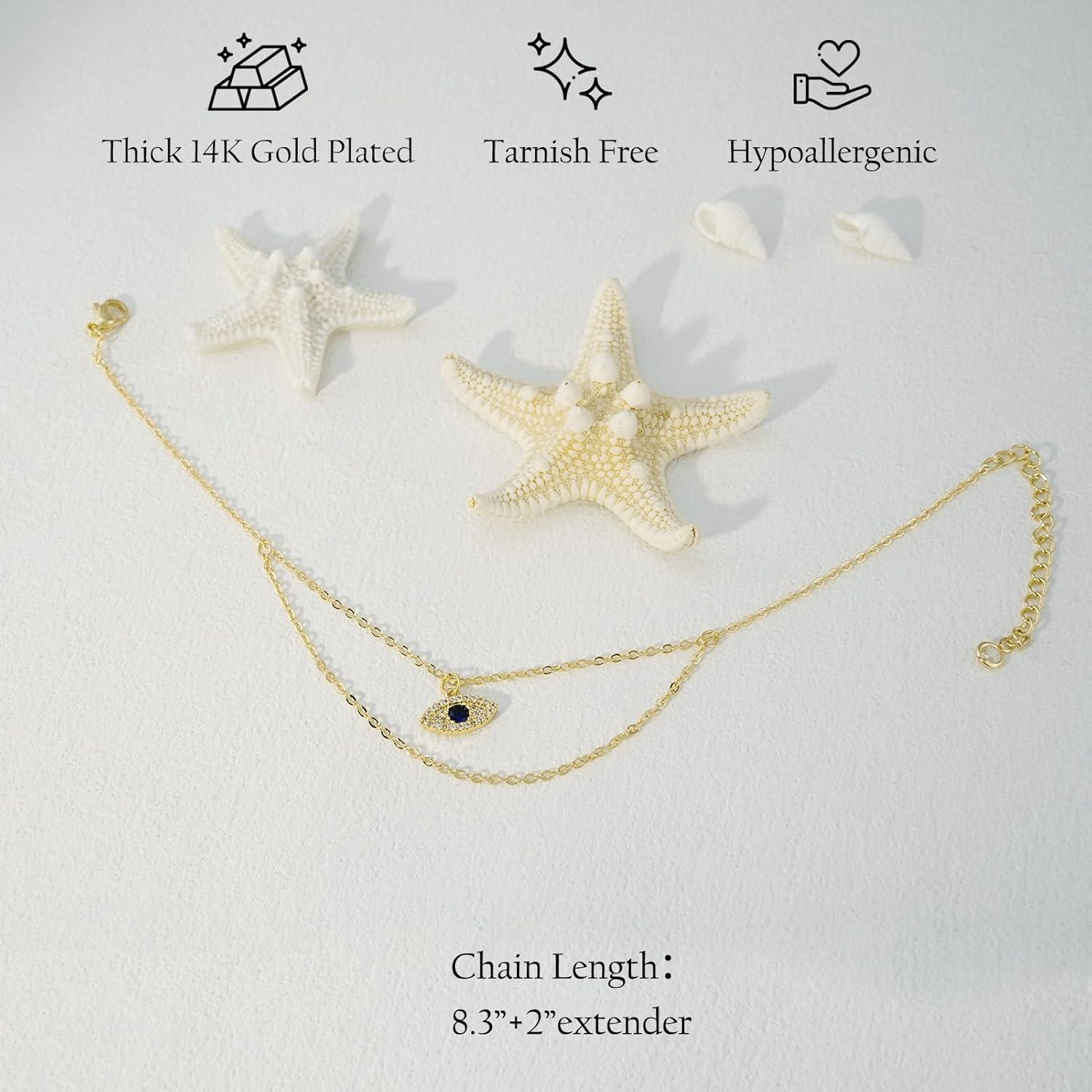 Pulsera de Tobillo NIXMAX Oro 14K Ojo Maligno Ajustable 21cm