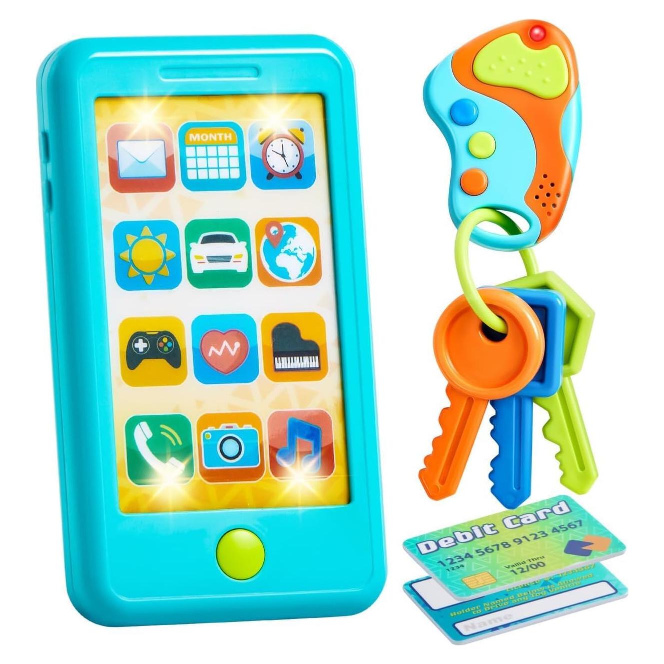 Pretend Toddler Play Phone, Learning Toy Phone Set,Keyfob Key Toy and Credit Cards Set, Kids Cellphone, Girls Boys Birthday Gifts for 1 2 3 Year Old,Baby Blue, Kids Presents, Easter Basket Stuffers