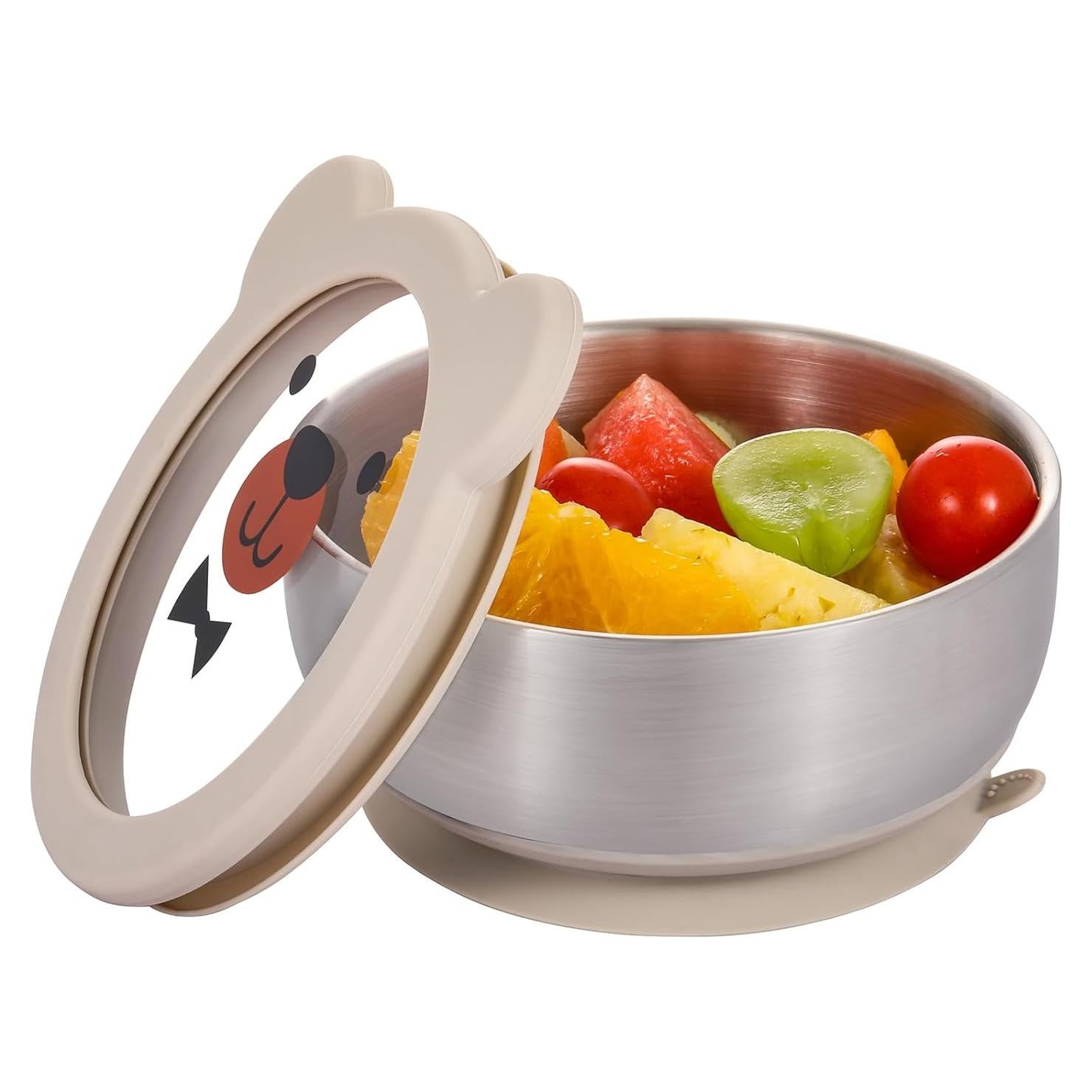 Tazón para Bebés MR. CHOU con Succión y Tapa Oso Beige