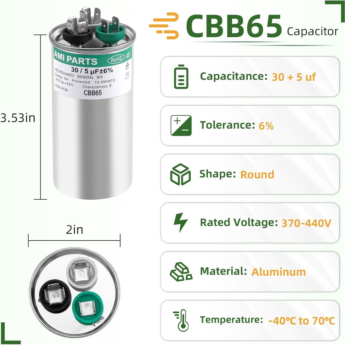 Capacitor CBB65 30+5uF 370/440V AMI PARTS para AC