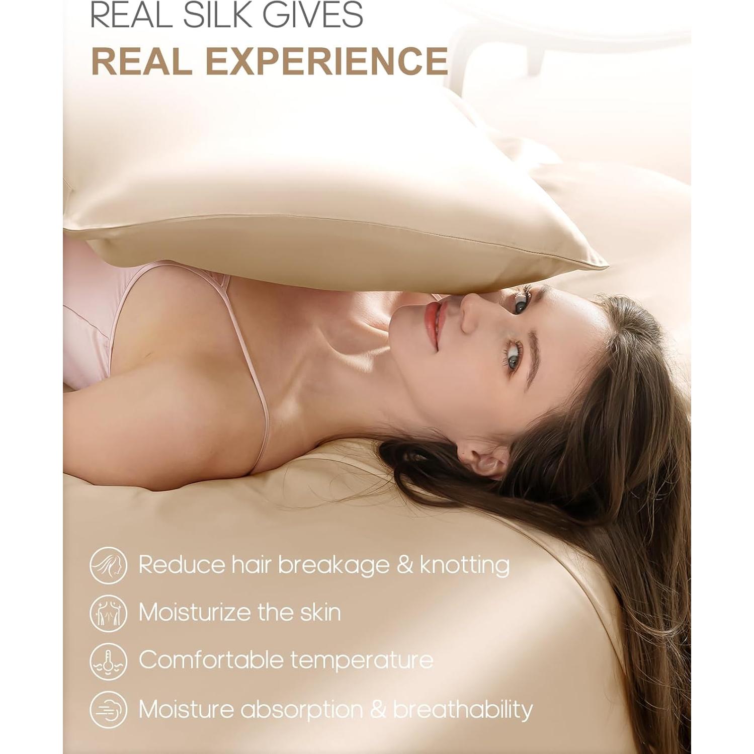 Funda de Almohada de Seda THXSILK 22 Momme Beige 20x66cm