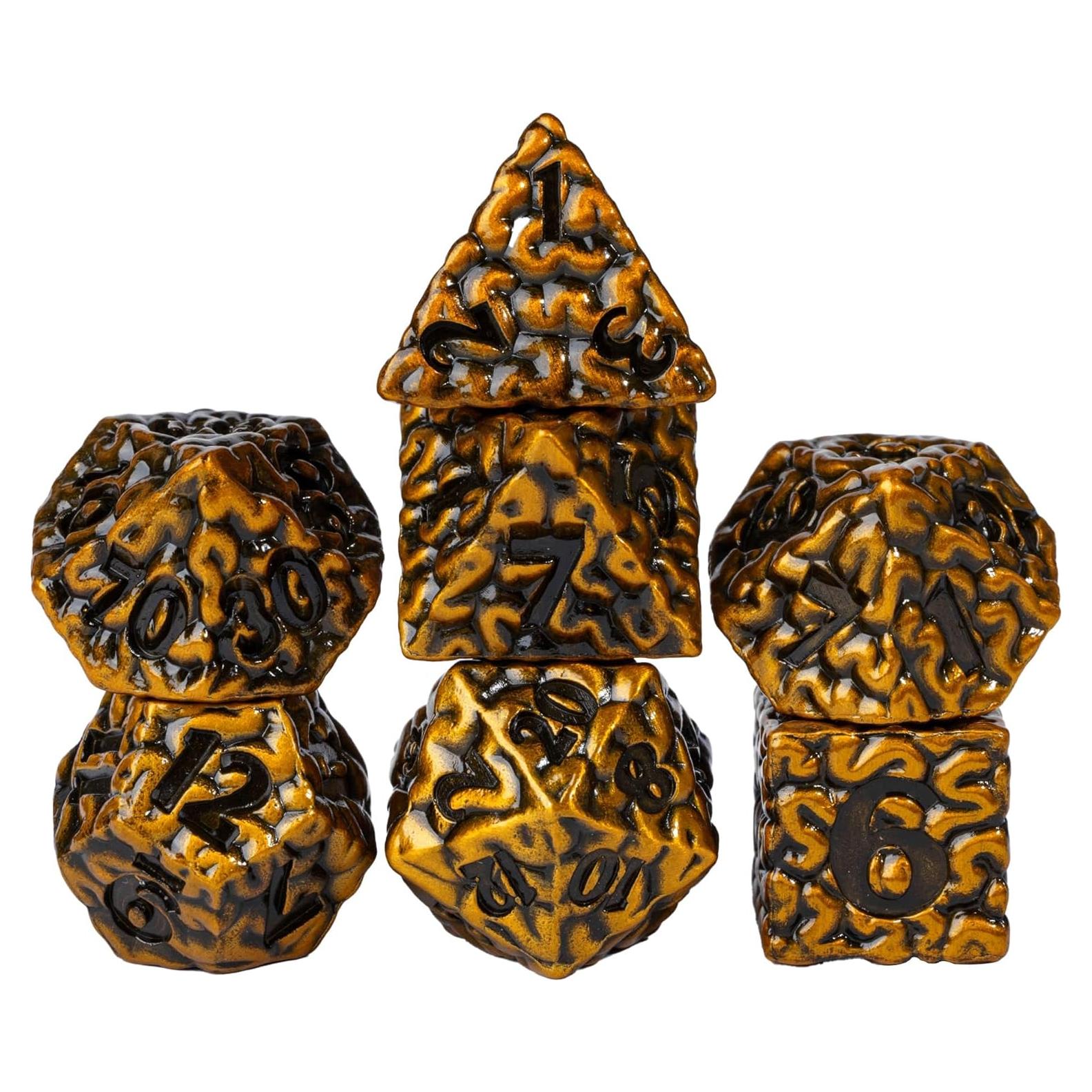Juego de Dados de Metal Cusdie 7 Piezas Cerebro Oro Antiguo