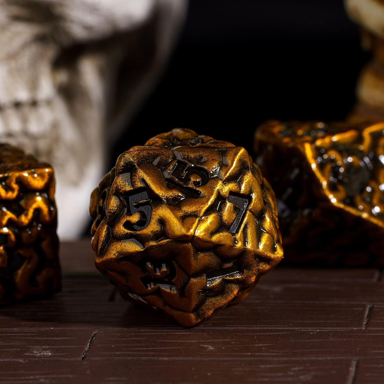 Juego de Dados de Metal Cusdie 7 Piezas Cerebro Oro Antiguo