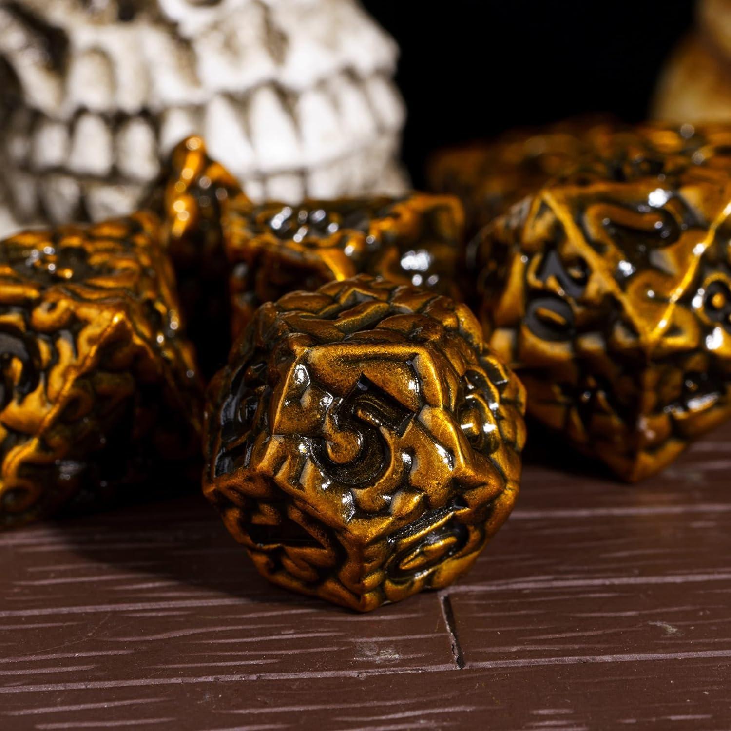Juego de Dados de Metal Cusdie 7 Piezas Cerebro Oro Antiguo