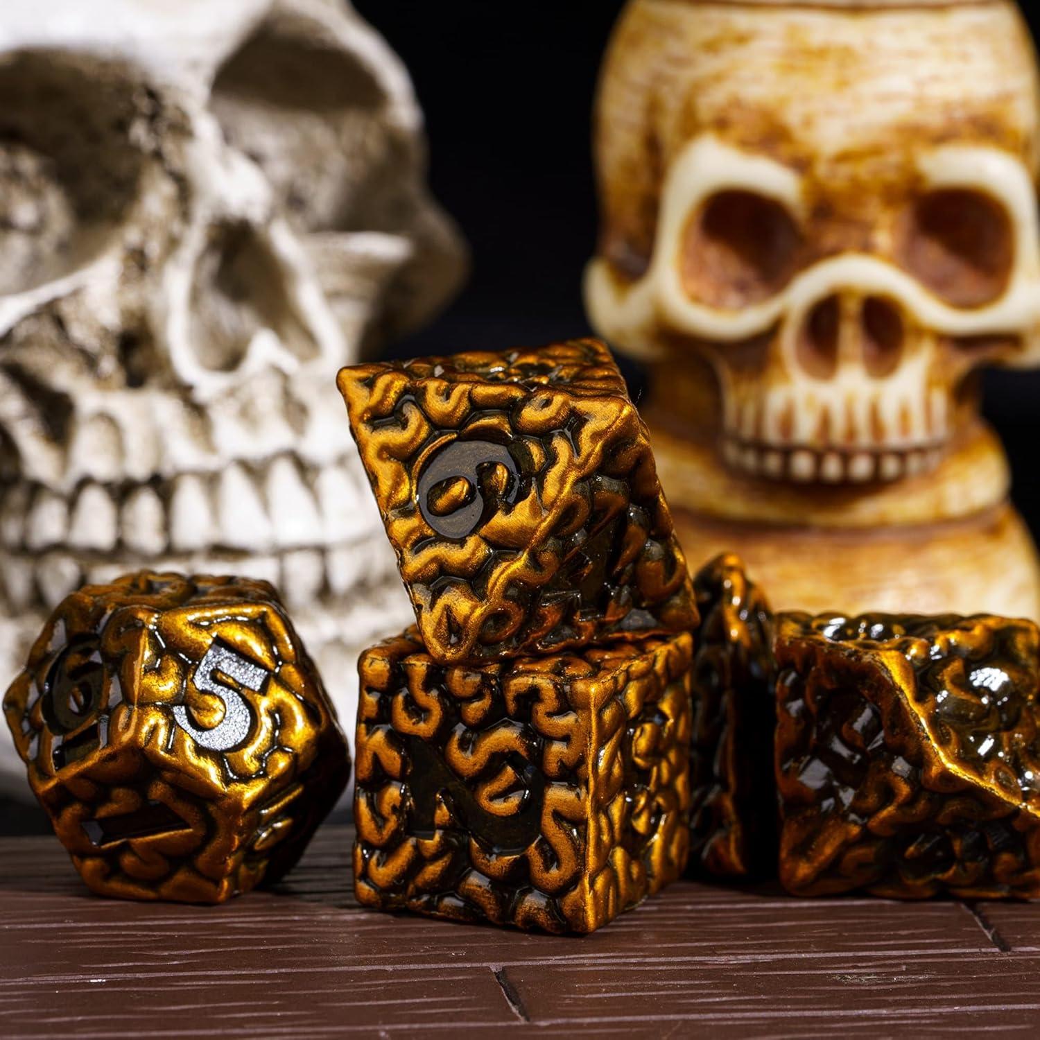 Juego de Dados de Metal Cusdie 7 Piezas Cerebro Oro Antiguo