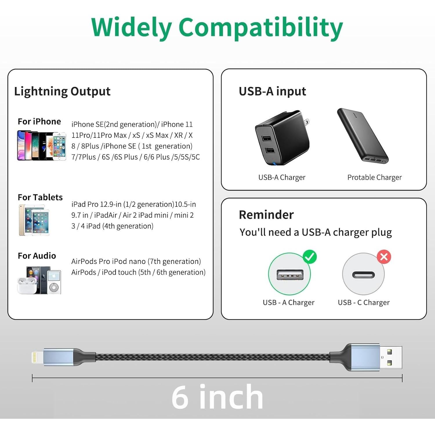 Cable de Carga Rápida USB A a Lightning 15 cm MFi - 2 Paquetes