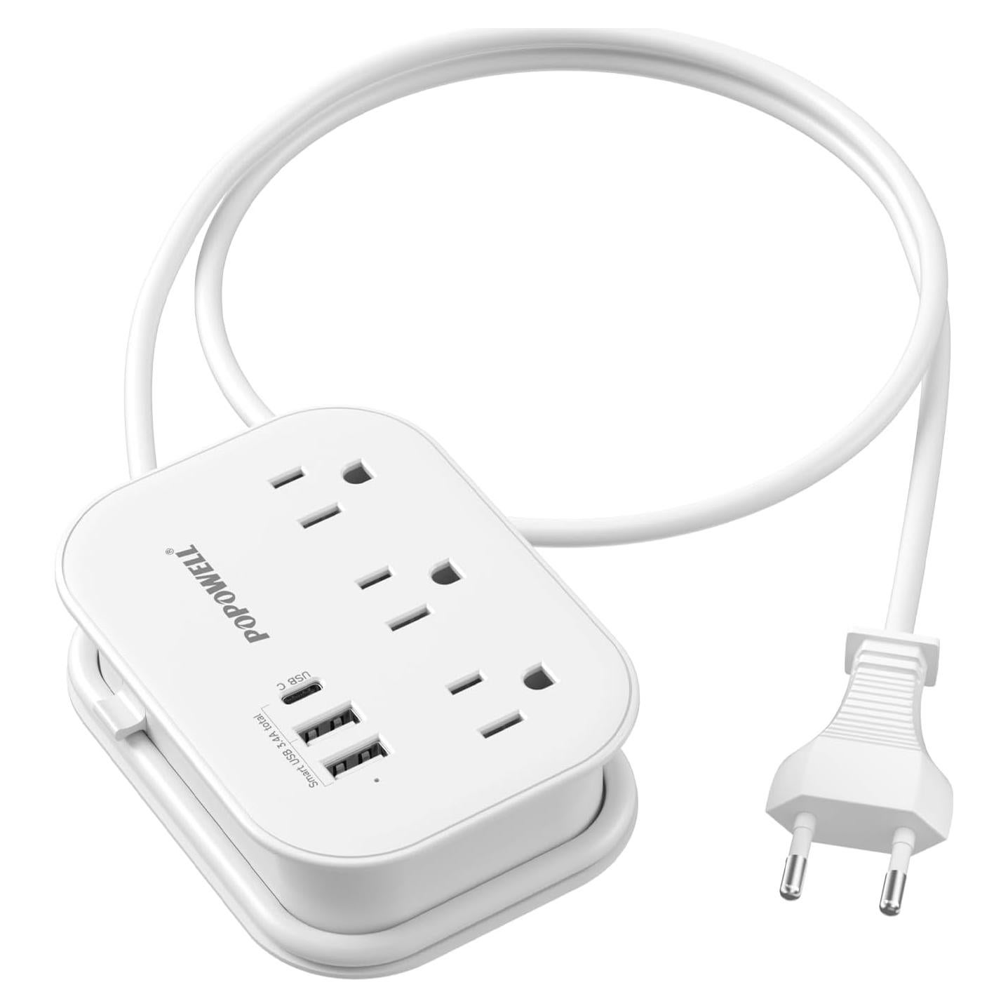 Adaptador de Enchufe de Viaje Popowell 3 Salidas + 3 USB Blanco