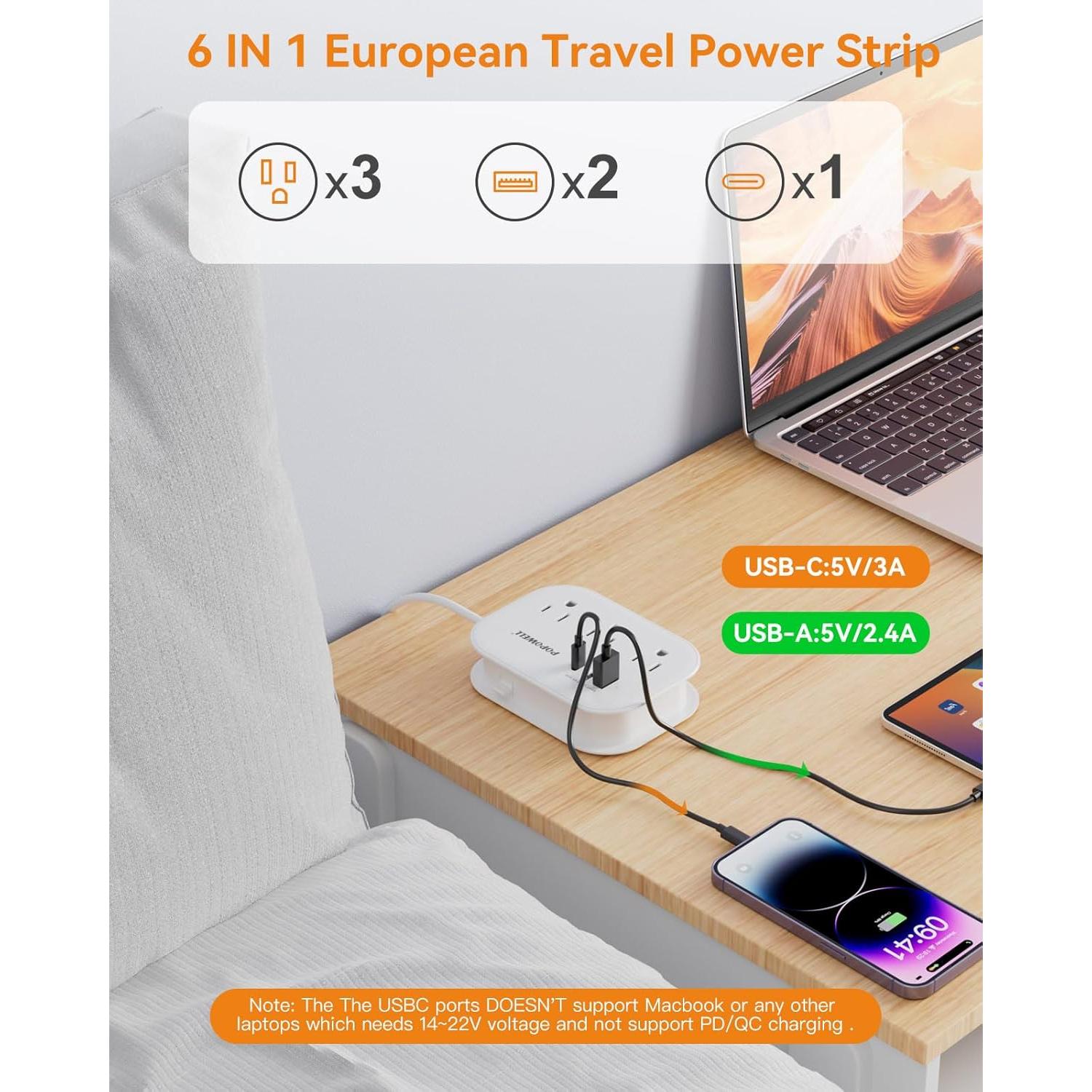 Adaptador de Enchufe de Viaje Popowell 3 Salidas + 3 USB Blanco