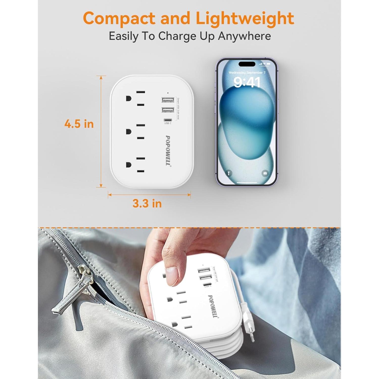 Adaptador de Enchufe de Viaje Popowell 3 Salidas + 3 USB Blanco