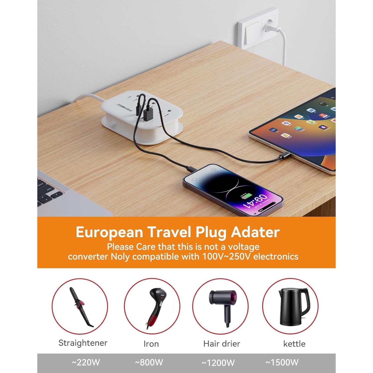 Adaptador de Enchufe de Viaje Popowell 3 Salidas + 3 USB Blanco