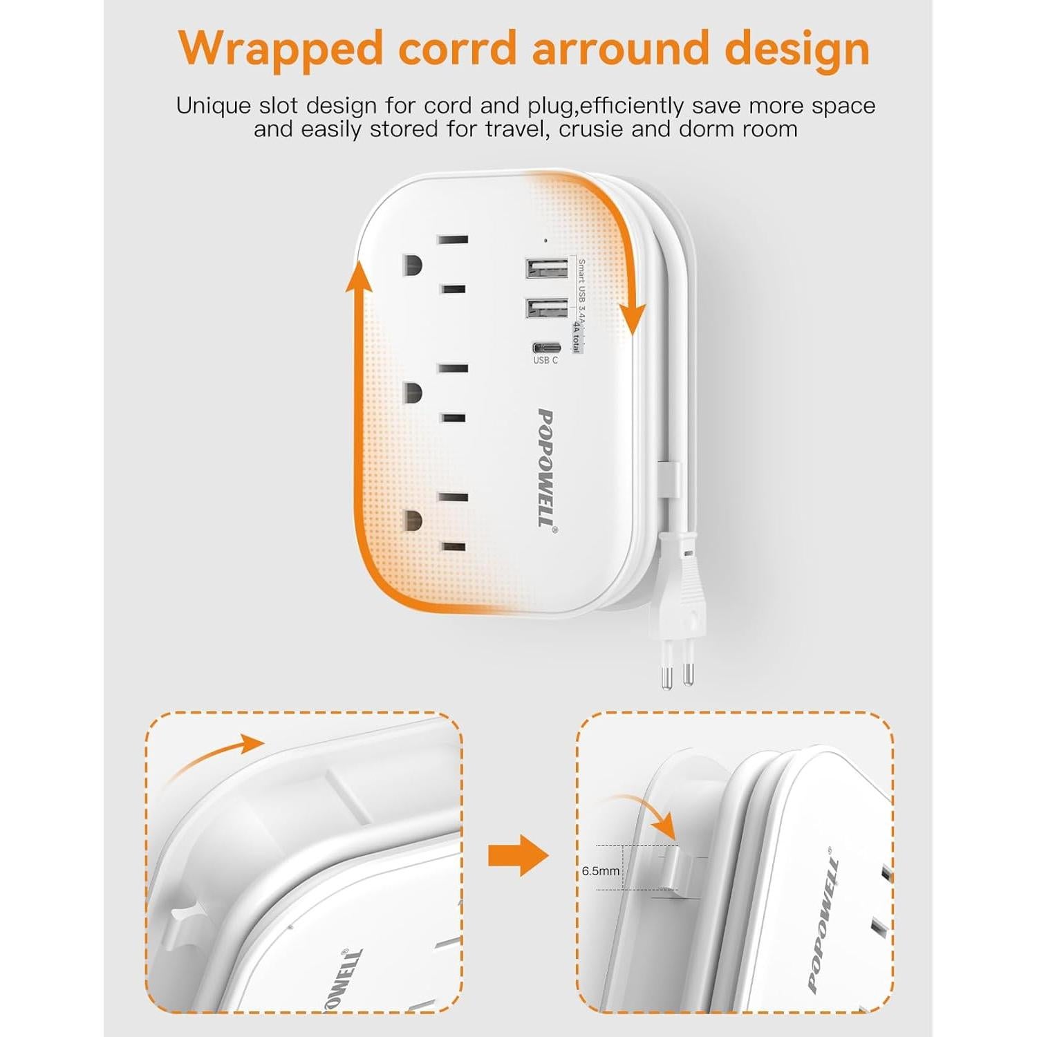Adaptador de Enchufe de Viaje Popowell 3 Salidas + 3 USB Blanco
