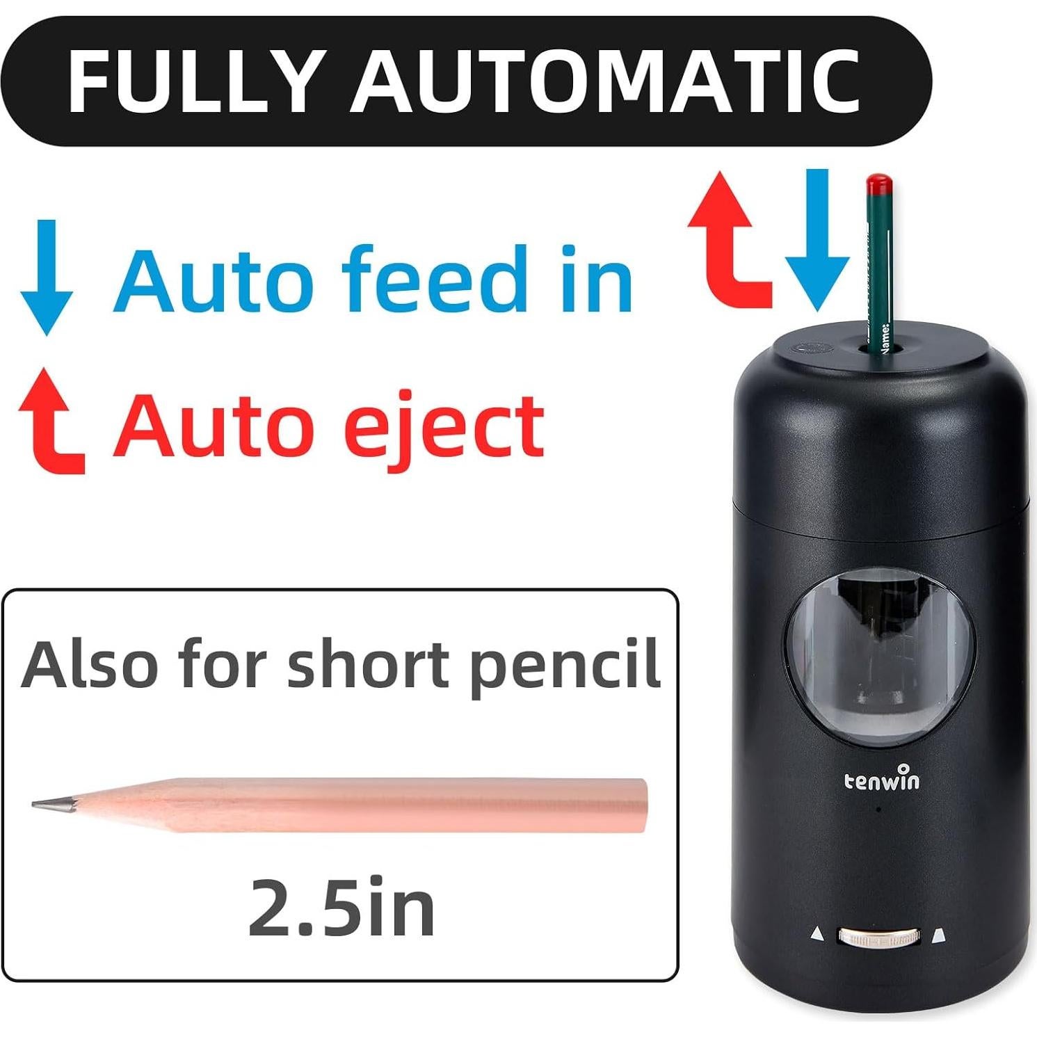 Sacapuntas Eléctrico Recargable Tenwin Negro para Lápices 7-11.5mm