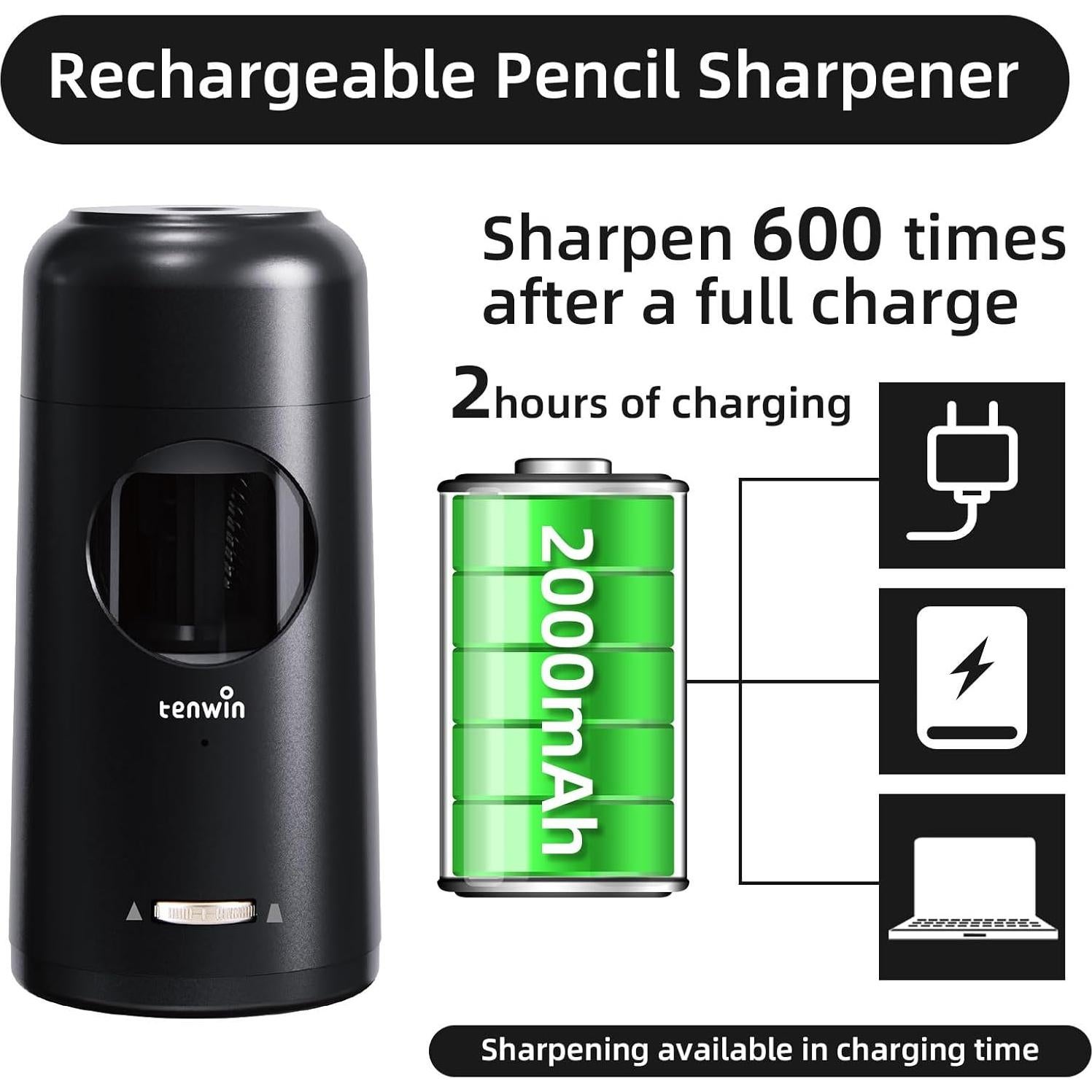 Sacapuntas Eléctrico Recargable Tenwin Negro para Lápices 7-11.5mm