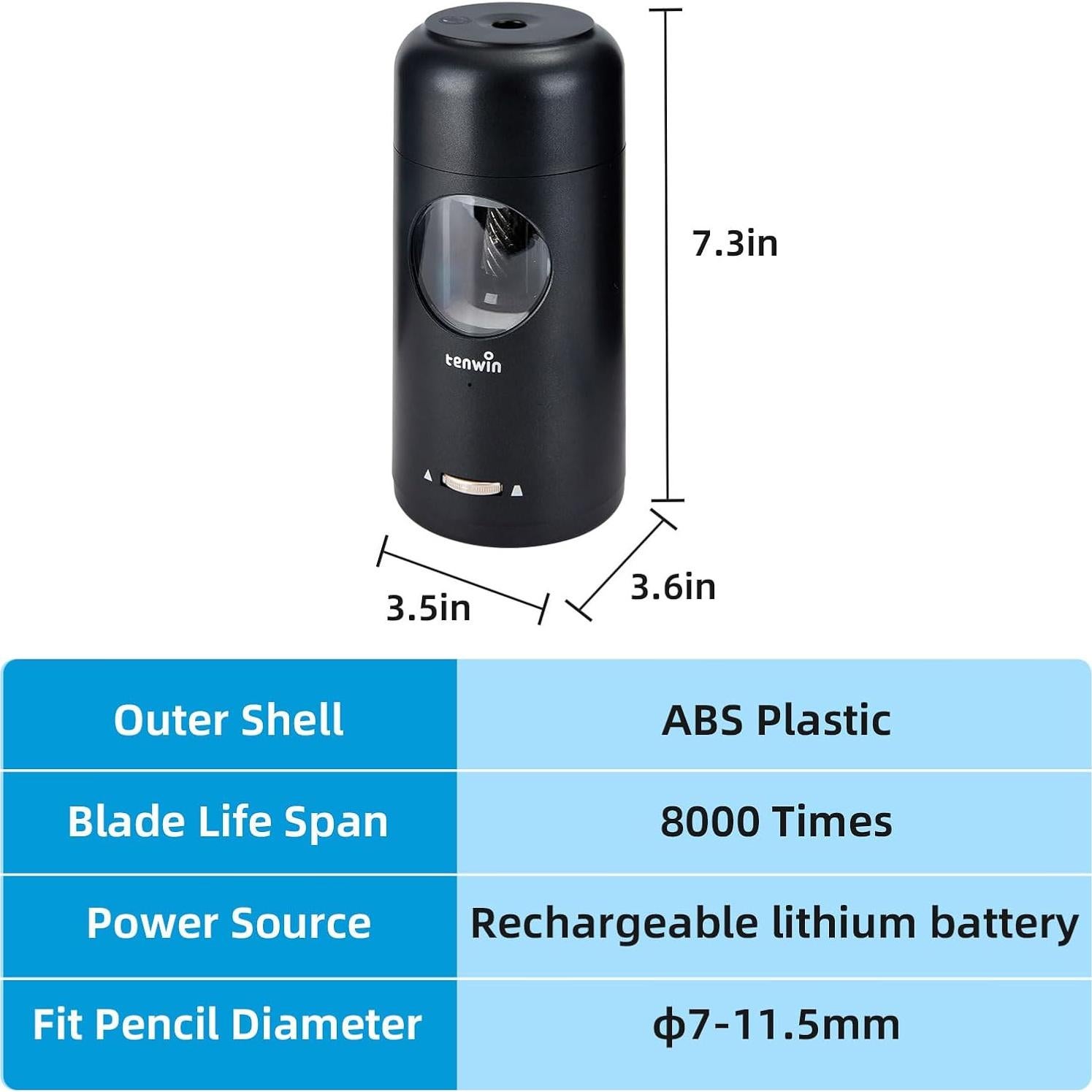 Sacapuntas Eléctrico Recargable Tenwin Negro para Lápices 7-11.5mm