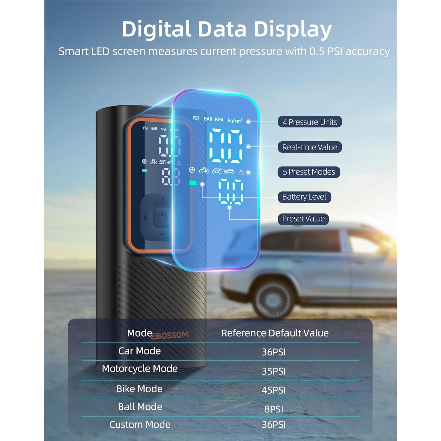 Compresor de Aire Portátil EBOSSOM I7 Pro 150 PSI Recargable