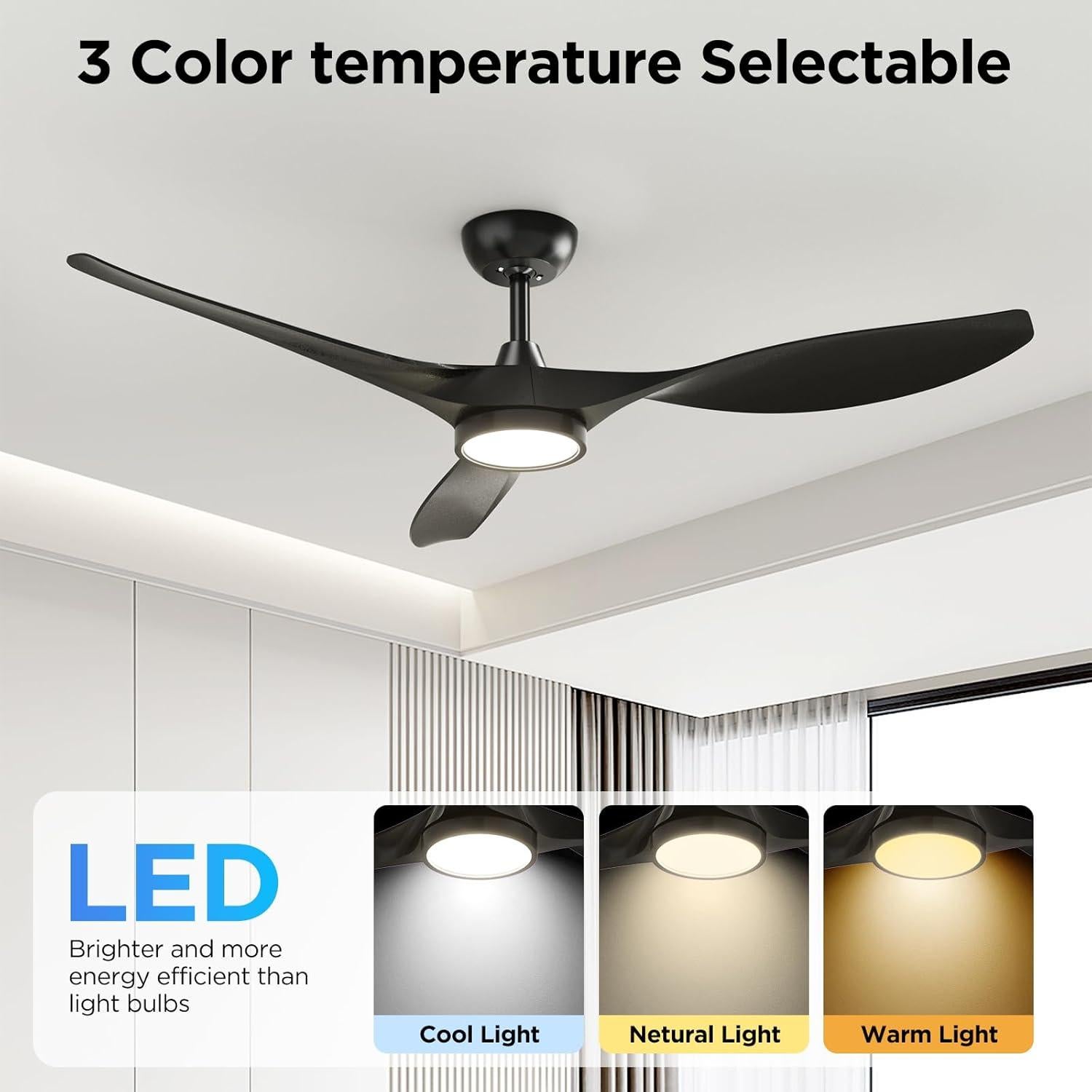 Ventilador de Techo Roomratv 52" Negro con Luz LED y Control Remoto