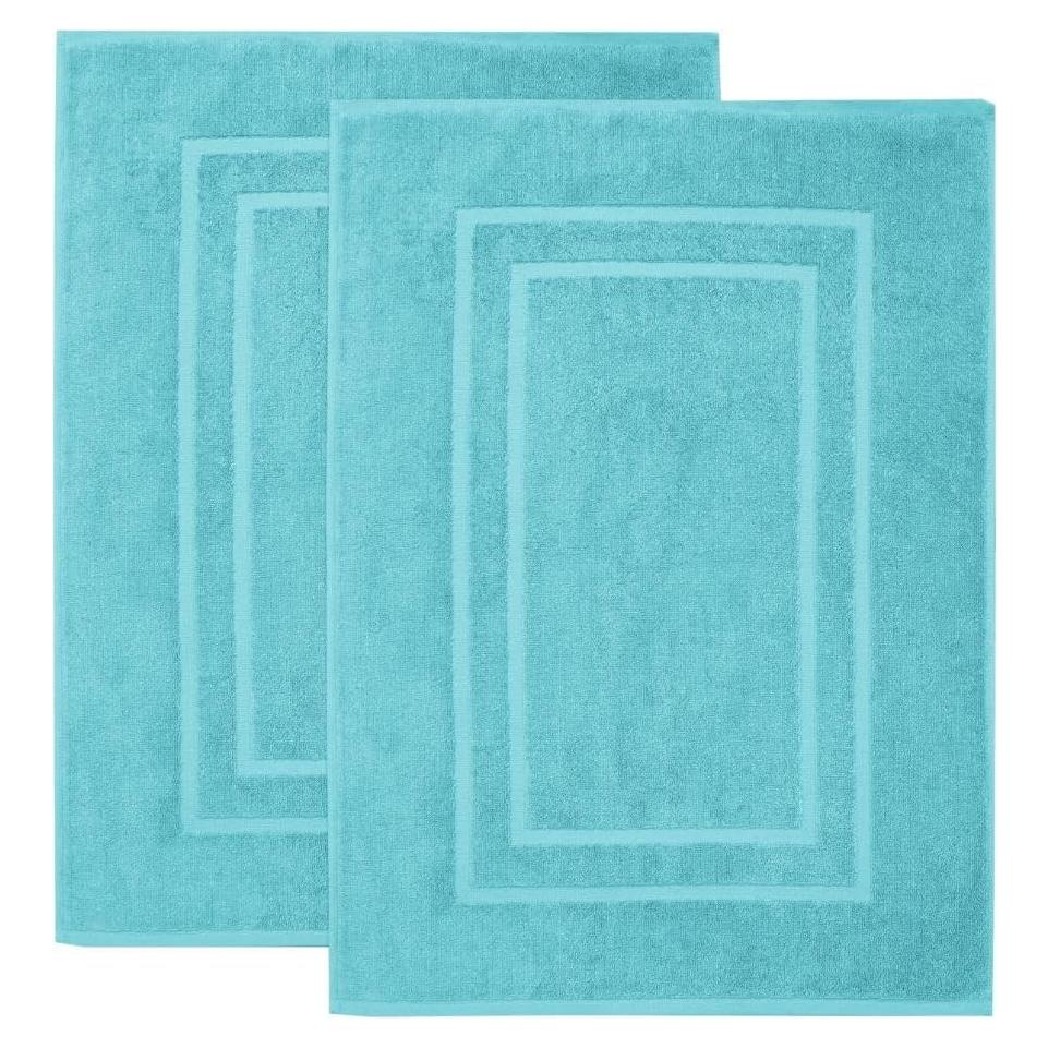 Feather & Stitch 2 Piece Towel Like Bath Mats (30x21 Inch) 100% Cotton Terry Mat for Hotel, Spa, Shower Floor Mats [NOT A Bathroom Rug], Soft Absorbent Washable Mats - Aqua