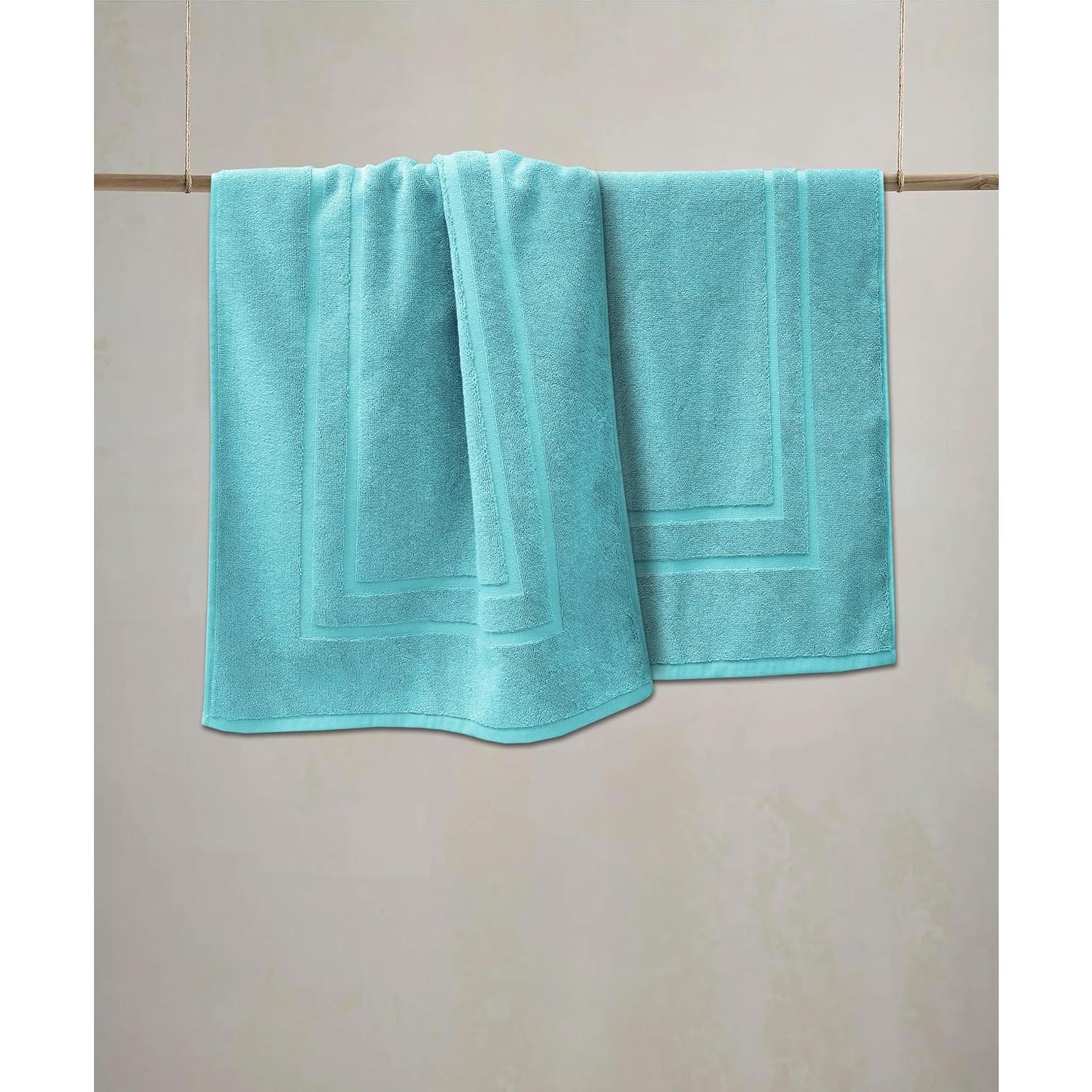 Feather & Stitch 2 Piece Towel Like Bath Mats (30x21 Inch) 100% Cotton Terry Mat for Hotel, Spa, Shower Floor Mats [NOT A Bathroom Rug], Soft Absorbent Washable Mats - Aqua
