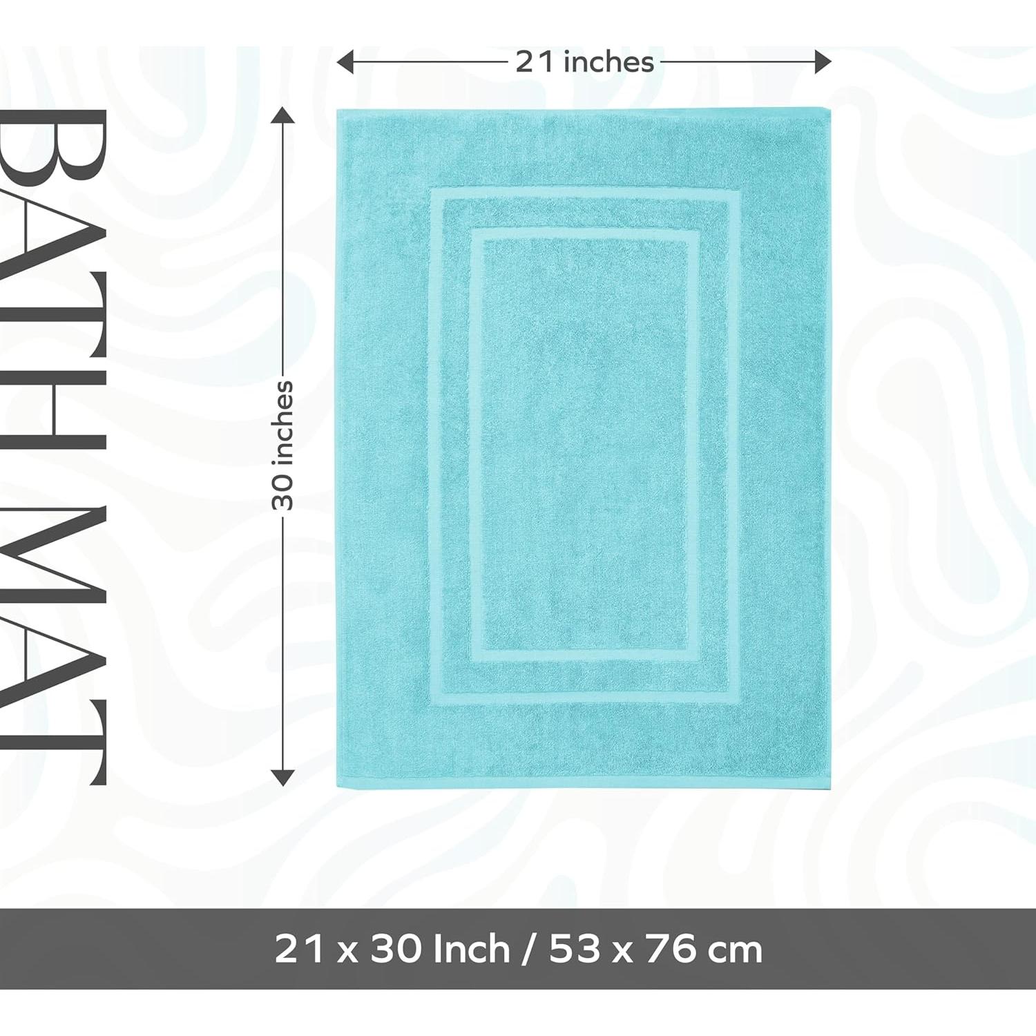 Feather & Stitch 2 Piece Towel Like Bath Mats (30x21 Inch) 100% Cotton Terry Mat for Hotel, Spa, Shower Floor Mats [NOT A Bathroom Rug], Soft Absorbent Washable Mats - Aqua